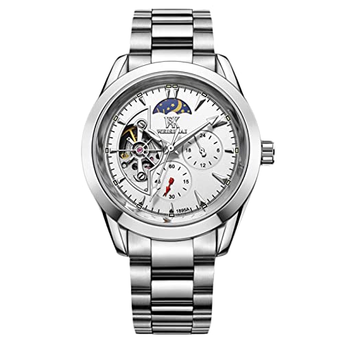 ⌚ 【Orologio meccanico automatico】: il classico design del volano e del quadrante scheletro, la funzione delle fasi lunari alla moda, la scala a barre unica, ti offre un'esperienza straordinaria. ★ E con i puntatori luminosi è facile dirti l'ora anche al buio.