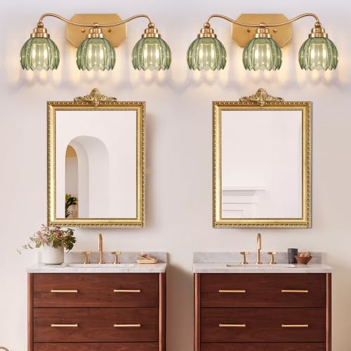 Image of Vintage Gold Vanity Lights, 3 Light Tulip Crystal, Antique Brass Finish | Brushed Gold Bathroom Light Fixtures, Green Wall Sconce Ideal for Bedroom, Living Room, E26 Compatible, Easy Install