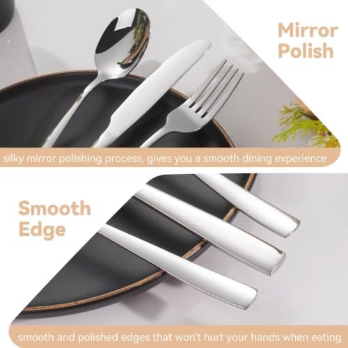 Image of Clovis Stainless Steel Flatware Set 4 Pieces, Titanium Plated Mirror Finish, Cutlery Set for 1 with Knife Fork Spoon and Teaspoon, Silver