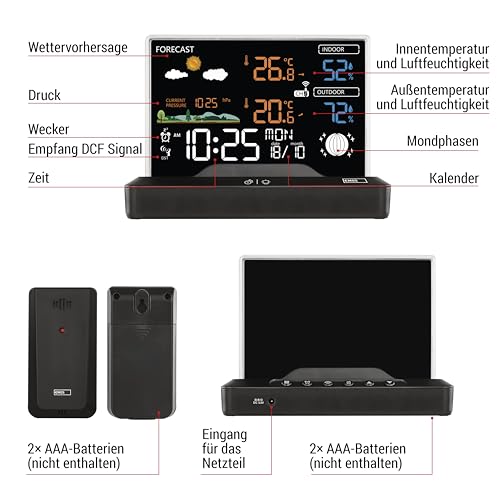 EMOS - rahmenlose Funk-Wetterstation mit Außensensor - Thermometer, Hygrometer, Barometer, Wettervorhersage, Memory - Funkuhr mit Wecker, Kalender - duale Stromversorgung (Netzteil/Batterie)