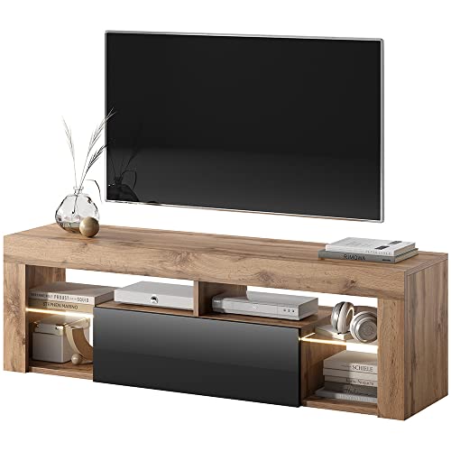 Selsey Hugo - Meuble TV/Banc TV 140 cm (avec LED, Noyer Caravaggio/Noir Brillant)