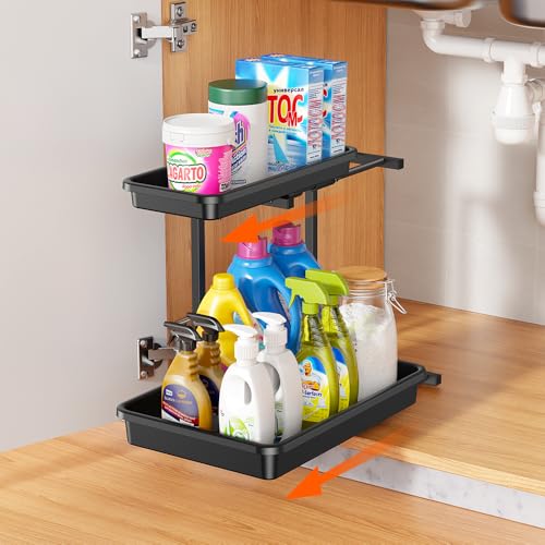 Sotfamily Under Sink Organizer and Storage, Pull Out Under Cabinet Organizer 2 Tier Bathroom Sink Organizers with Upgraded Stability, Cleaning Supplies Organizer for Kitchen Bathroom, Black, 1 Pack