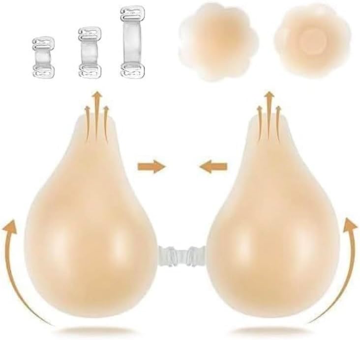 Adhesive Bra Push Up Adhesive Bras Silicone Invisible Strapless Bra, Backless Dress Bra with a Pair of Nipple Patches and Three Straps Reusable Size L Nude