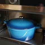 VeoHome Cast Iron Dutch Oven Blue 6L with Lid - Thick, Heavy Duty 5.5qt with Attractive Gloss Enamel, Even Heat Retention, Self Circulating, for Fry, Roast, Stew, Bread. Feeds 6-7 People - Image 6