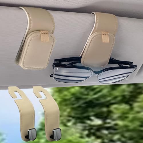 Teoenix Sunglass Holder for Car 2 Pack & Car Seat Headrest Hook for Purses and Bags 2 Pack Leather Bundle Combo Set for Car Accessories Organizers and Storage, Tan Beige
