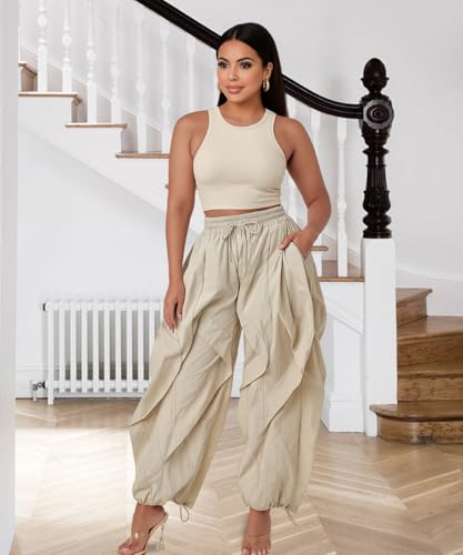 knowfashionstyle Cargo Pants for Women Baggy Loose Fit Y2K Casual Pant Drawstring Wide Leg Streetwear Sweatpants Khaki Small — view 2