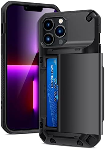 ACOCOBUY Compatible with iPhone 13 Pro Max Case Shockproof Semi Auto Sliding Wallet Case for iPhone 13 Pro Max Case with Card Holder [4 Cards] Protective Armor Phone Case for iPhone 13 Pro Max Black