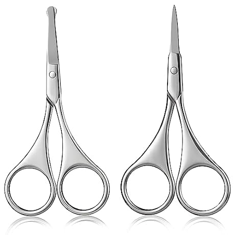 Kootinn 2Pcs Facial Hair Small Grooming Scissors For Men Women - Eyebrow, Nose Hair, Mustache, Beard, Eyelashes, Ear Trimming Kit - Curved and Rounded Safety Tip Clippers For Hair Cutting - Silver