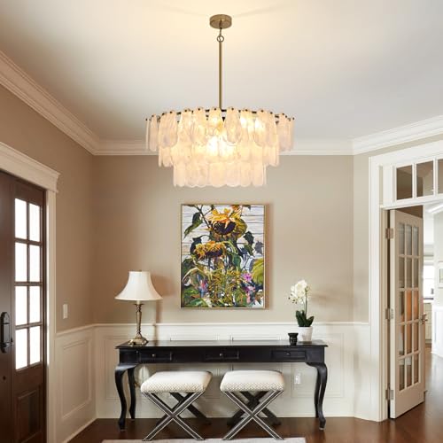Modern Large Gold Glass Chandeliers, 12-Light Luxury Cloud Pendant Light Fixture, 31.5 inch Round Ceiling Hanging Light Fixture for Living Room Bedroom Dining Room Kitchen Foyer Staircase Offices by KELUOLY - Used condition - Image 7