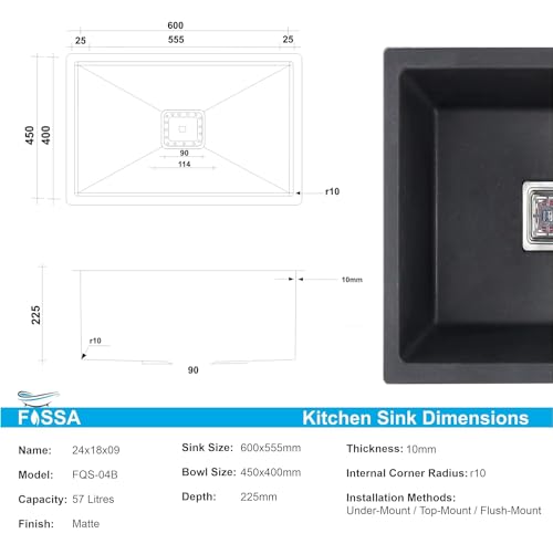 Image of Fossa 10-Year Warranty Pure Quartz Kitchen Sink 24 x 18 x 9 Inch | Single Bowl Granite Sink | Scratch & Heat Resistant | Includes Waste Coupling, Waste Pipe & Strainer | Top Mount | Black Matte Finish
