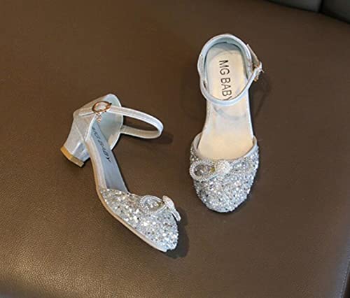 Girls Mary Jane Dress Shoes Low Heel Princess Party Glittler Bow Sandals2
