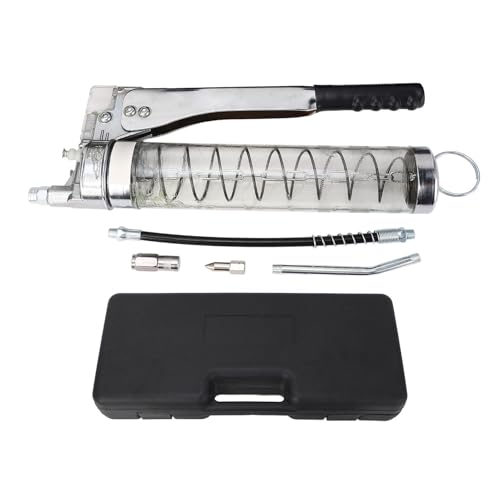 Klanata Pulverizador de grasa de acción de palanca resistente, pistola de lubricación manual de 900 con tanque transparente e interruptor antiatascado para automoción, remolque, (Con cadena)