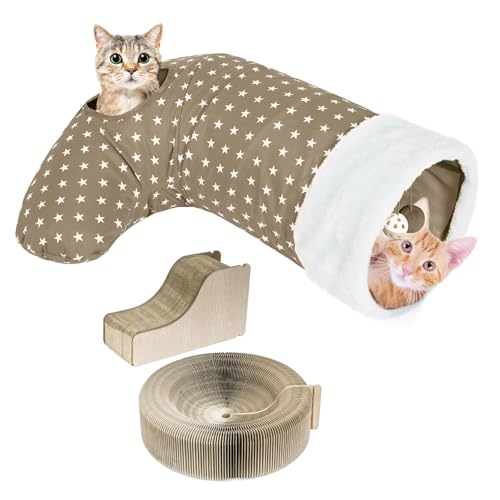 Pawaboo Cat Tunnel Christmas Sock with Bell Balls, Upgraded 2 Way Cat Tunnel Interactive Toy for Christmas, Pet Xmas Stocking for Cat Kitty Kitten, Beige