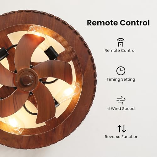 Image of 20 inch Flush Mount Ceiling Fan with Light, Wooden Caged Low Profile Fandelier with Remote, 6-Speed Reversible Bladeless Fan, Farmhouse Ceiling Fan for Bedroom, Kitchen, Living Room