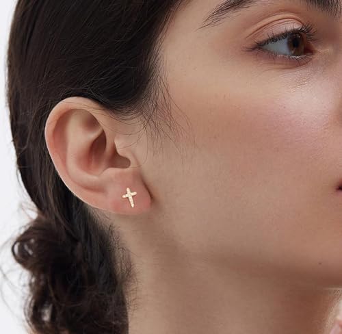 Gold Tiny Mini Cross Earrings for Women, White Gold Plated Small Stud with Cubic Zirconia, Minimalist Elegant Jewelry — view 4