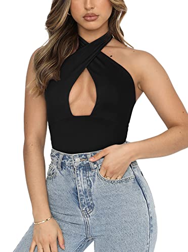 Image of REORIA Butsmooth Women's Trendy Sexy Casual V Neck Double Lined Sleeveless Slimming Going Out Tank Top Bodysuits