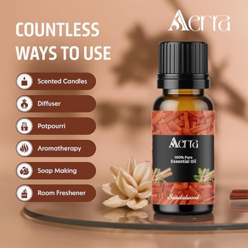 Image of Aerra Sandalwood Essential Oil 15ml | Diffuser 100% pure steam-distilled. Triple-tested purity. Amber glass + dropper. Soft floral aroma. Diffuser, aroma lamp, skin & hair. Potpourri. Vegan. Daily use.