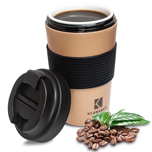 Klaraber Ceramic Travel Mug with Lid, Portable Porcelain Cup with Sleeve, Leakproof Ceramic Lined Coffee Cup Travel Mug, Reusable Coffee Cup, 350ml / 12oz (Khaki)