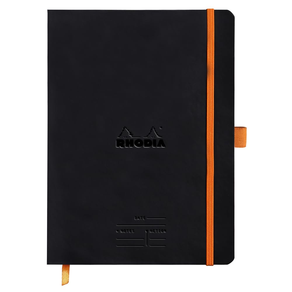 117782C - Soft Meeting Notebook Black - A5+ - Pre-Printed Date/Notes/Action - 160 Detachable Pages - 90G Clairefontaine Paper - Bookmark, Pencil Holder - Faux Leather Cover - Rhodiarama
