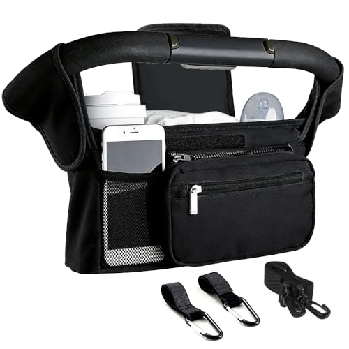 Image of Tyuodna Baby Pram Bag Stroller,Universal Stroller Bag with 2 Insulated Cup Holder,Large Capacity Bag Organiser,Buggy Organiser Bag with Shoulder Strap&Non-Slip Secure Hooks (Balck)