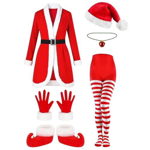 Qiwieod Santa Claus Verung Funny Costume Christmas Outfit with Bell Chain, Christmas Stockings and Boots, for Women, Cosplay, Holiday, Holiday, Event, Parade