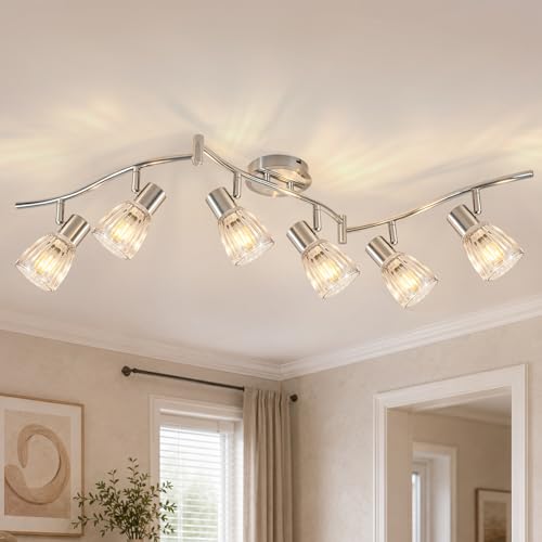 HiBay 6-Light Track Lighting, Flexible Ceiling Light Fixture w/Glass Shades, Modern Chrome Track Spot Lights Indoor for Kitchen, Living Room, Bedroom, E12 Base, No Bulbs