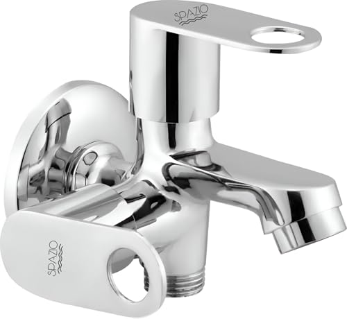 Image of Spazio ORNAMIX Series Brass 2 Way Bib Cock | 2 in 1 Tap (Pack of 1) for Bathroom & Kitchen Chrome Finish Silver Plated Twin Elbow Valve Faucet (Wall Mount Installation Type)