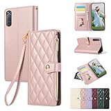 Rosbtib 用の Xperia 5 II ケース 手帳型 財布型 カバー SOG02 SO-52A ケース エクスペリア5 II スマホケース おしゃれ ファスナー型 小銭入れ カード収納 ケース 携帯カバーエレガント チェック柄 刺繍 高級PUレザー 肌触り良い ストラップ付き マグネット式開閉式 スタンド機能 全面保護(ピンク)