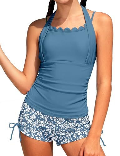 Image of Girls Swimsuit 2 Piece Halterneck Cross Straps Girls Tankini Top Drawstring Prints Shorts Bathing Suit for Teens 9-16Y