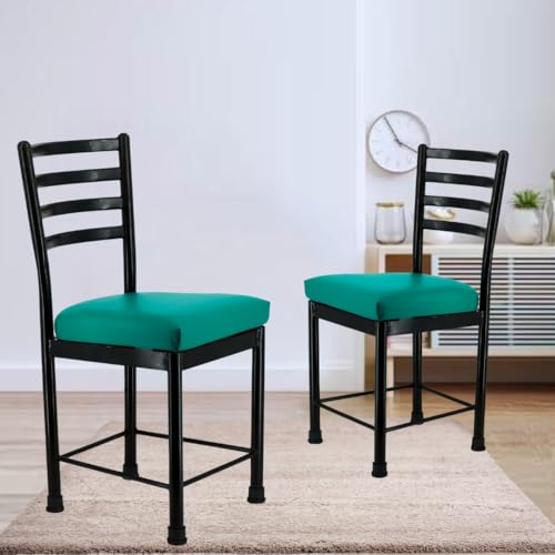 Image of Zidle Asphalt pre Assembled Extra Support Set of 2 Dining Visitor Faux Leatherette seat Cushion Chair for Living Room| Home | Restaurant |Powder Coated Metal Legs Black Coated Pacific Blue seat