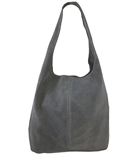 Freyday Damen Ledertasche Shopper Wildleder Handtasche Schultertasche Beuteltasche Metallic look BT02 (Dunkelgrau) Cover