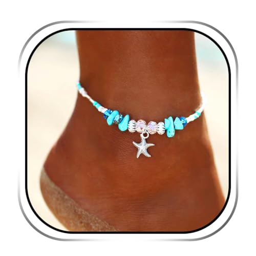 Handcess Boho Starfish Tobilleras Plata Turquesa Pulseras de tobillo Cuentas de playa Cadenas de pie para mujeres y niñas