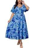 SHESTARR Womens Plus Size Dresses Wedding Guest Puffy Short Sleeve Sweetheart Smocked Tiered Flowy A Line Maxi Dress Blue Floral