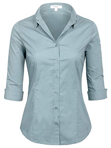 KOGMO Womens Classic Solid 3/4 Sleeve Button Down Blouse Dress Shirt (S-3X)-S-SAGE