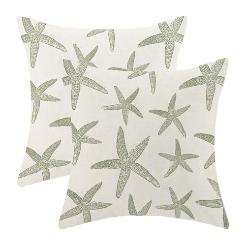 OFIRD Coastal Pillow Covers 18x18 Pack of 2 Ocean Themed Sage Green Starfish Throw Pillow Covers Outdoor Decoration,Summer Beach Nautical Decor Pillowcase Linen Decorative Cushion Case for Sofa Couch