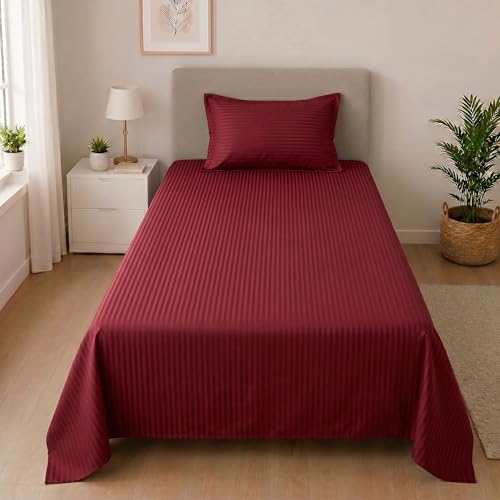 Image of Mafatlal Classic 210 TC 100% Cotton Single Bedsheet | 90 x 60 Inches | Soft & Comfortable Fabric | Italian Stripes Design | Breathable & Durable | Maroon