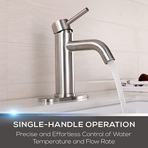 Mueller Premium Single-Hole Bathroom Sink Faucet, Single-Handle With Drain Assembly, Deck Plate For 1-Hole And 3-Holes Installations, Stainless Steel Brushed Nickel Finish, Supply Lines Preassembled #TOP2