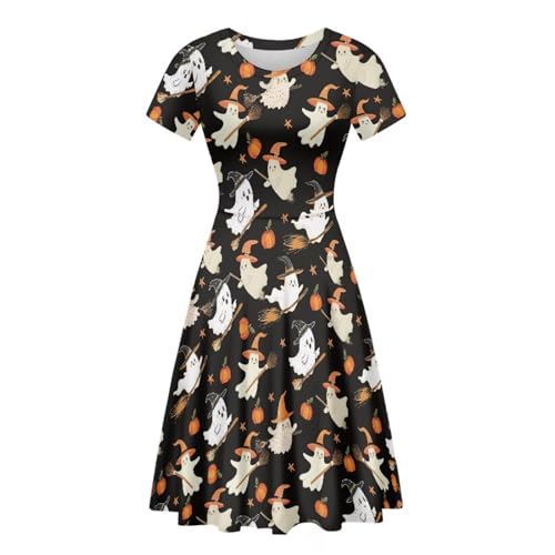 Image of POLERO Women Puffy Swing Elegant Party Midi Dresses Short Sleeve Round Neck A-Line Dress