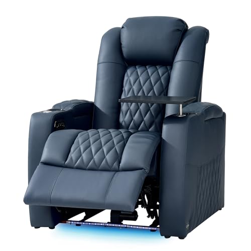 comfiroom Top Grain Leather Home Theater Seating, Classic Series Game Seats Movie Recliner Theater Chairs Recliner Sofa with Type-C Charger Bedroom Sofa Chair for Living Room (Blue, Row of 1)
