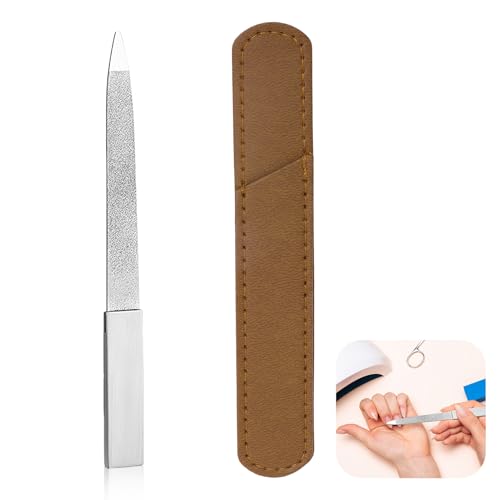 Tipo V Lima de Uñas Profesional de Acero Inoxidable de Doble Cara con Mango Antideslizante y Funda de Cuero, Lima Puntiaguda Lavable, Herramienta de Manicura Metálica, para dedos y dedos de los pies