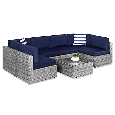 Best Choice Products 7-Piece Modular Outdoor Sectional Wicker Patio Conversation Set w/ 2 Pillows, Coffee Table, Cover Included - Gray/Navy