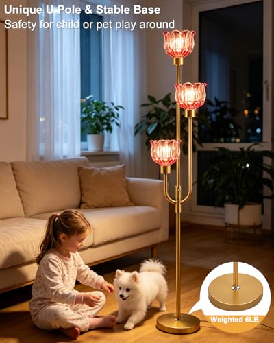 Image of Lightdot 3-Lights Modern Glass Floor Lamp 66IN Gold Dimmable Floor Lamps with 3000K Warm White Bulbs for Wedding Party Tall Standing Lamp with Deep Red Glass Shade for Living Room /Bedroom /Home Decor