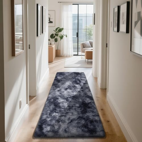 Mottled Grey 2x8 Area Rugs for Bedroom, Fluffy Rug Small Rug Bedside Carpet