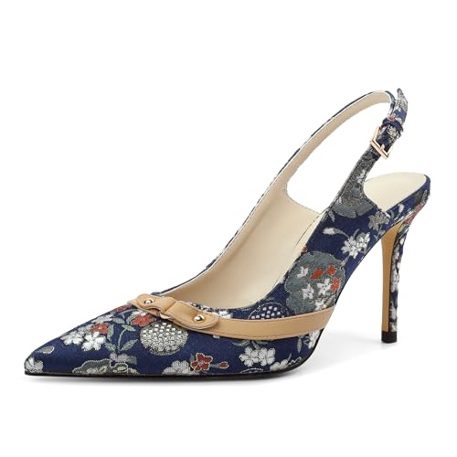 Eldof Sling Back Heels Women's Pumps Closed Pointed Toe Blue Flower Shoes Buckle High Stiletto Heel for Wedding Dress Office Sexy 3.5 Inch US Size8 by Eldof - Used condition - US$52.43