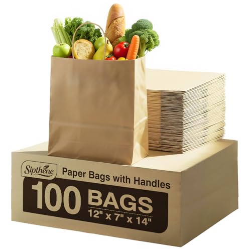 Paper Grocery Bags with Handles (100 Pcs Bulk) 12x7x14 Inches, Large Brown Paper Bags 57 Lbs Basis - Heavy Duty Kraft Paper Sacks for Shopping, Retail, Takeout, To Go