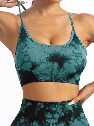 L9 Ovesport Women'S Sports Bras Tie-Dye Seamless Workout Criss Cross Gym Yoga Strappy Crop Bra Turquoise thumb #5
