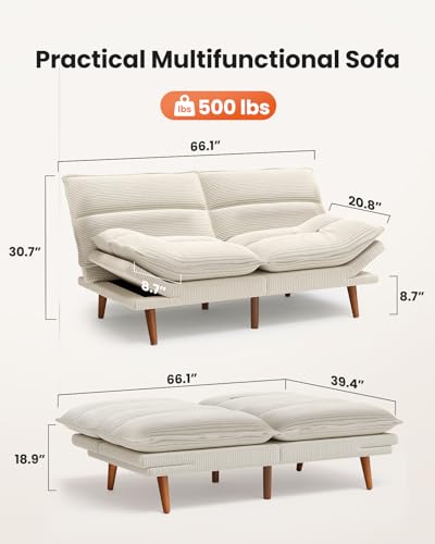 Image of Amada Convertible Futon Sofa Bed - Corduroy Loveseat with Adjustable Backrest & Armrests, Thickened Seat Cushion, Small Space Sleeper Couch for Apartment, Study Room & Office（Off-White，66 Inch ）