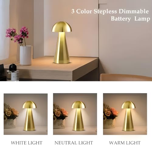 Image of Big Mushroom Gold Table Lamp with 3 Color Modes Warm Cool Natural Light, Stepless Dimming,1200 mAh Rechargeable Battery, Cordless LED Light, Premium Finish for Bedroom Bedside Desk Home Decor