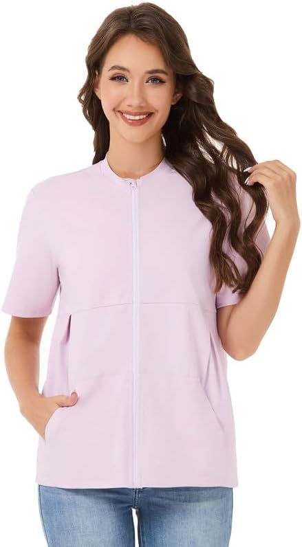 Post Surgery Mastectomy Shirt with Drain Pockets – Women’s Short Sleeve Zip Front Recovery Top with Elastic Pouches - Image 5
