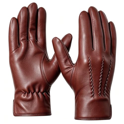 Harssidanzar Mens Luxury Italian Sheepskin Leather Gloves Vintage Finished Cashmere Lined Upgrade,Brandy,XXL
